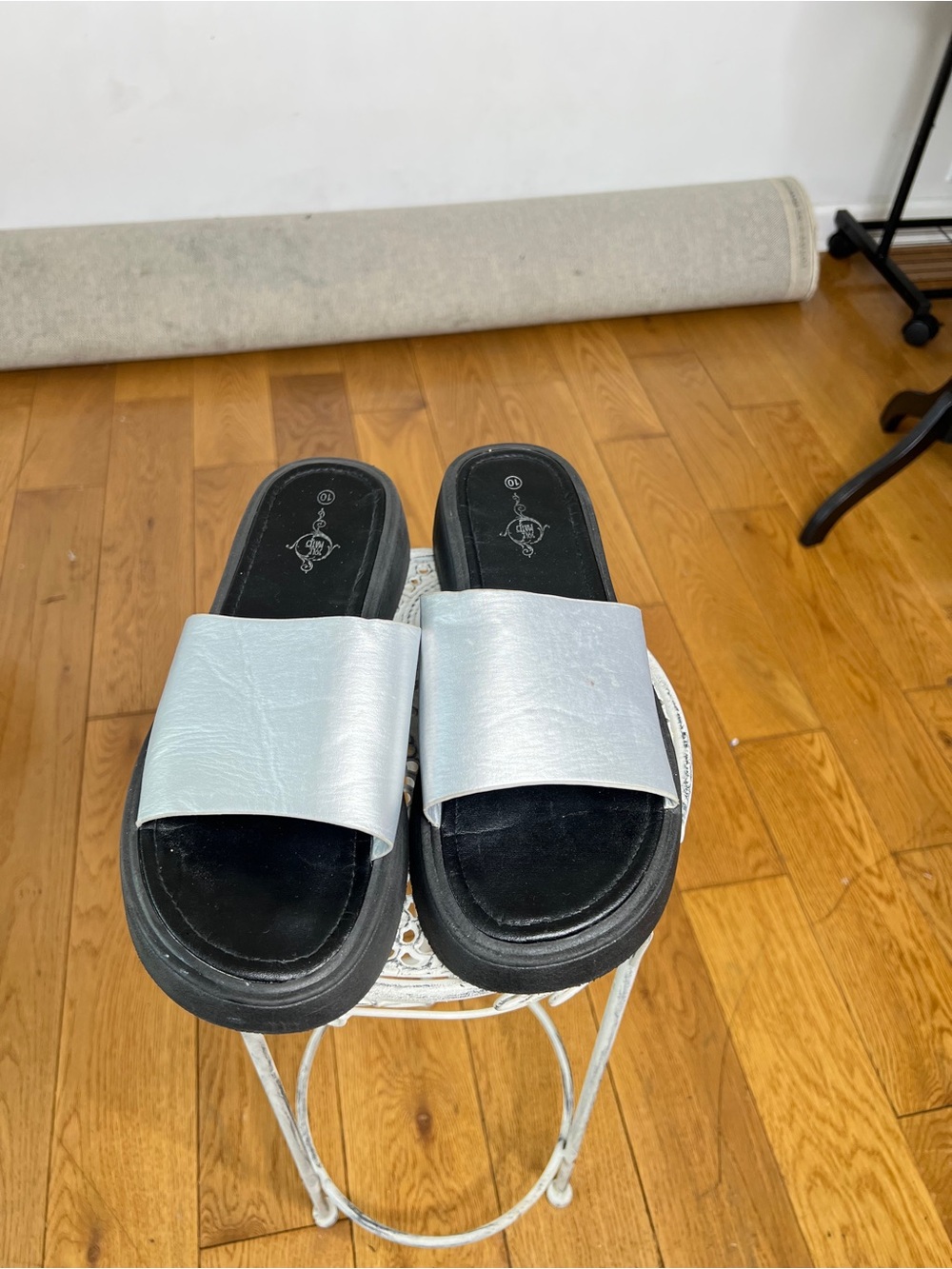 Metallic Silver Slide Sandals with Black Footbed
